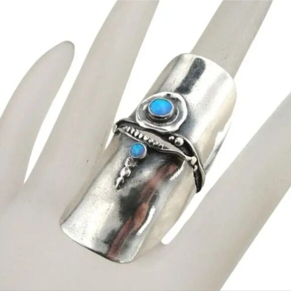 Silver Statement Ring for Women Retro Boho Design with Gemstone Adjustable - Picture 7 of 11
